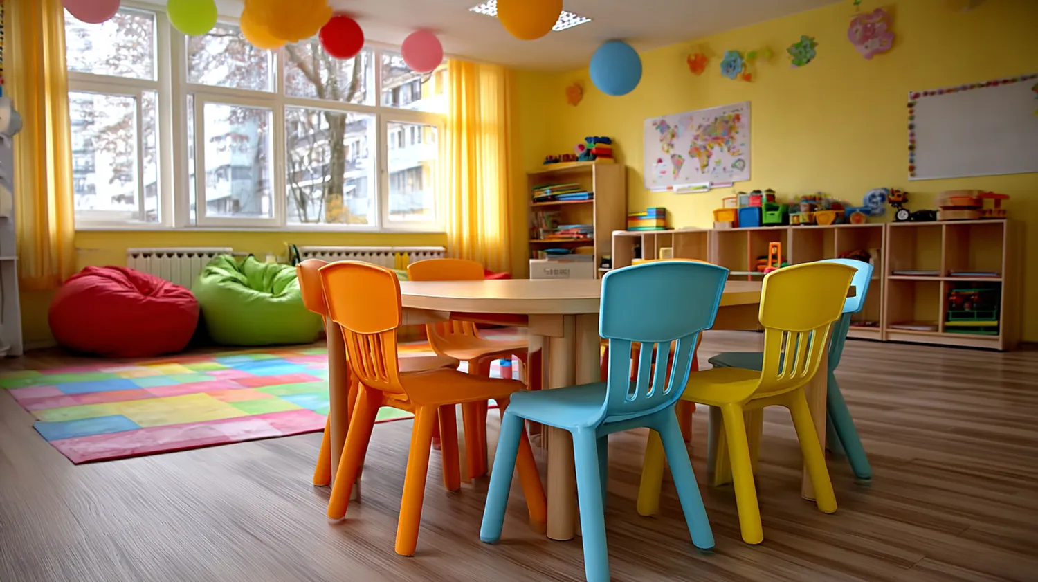 Colorful transitional kindergarten classroom with small chairs and learning materials