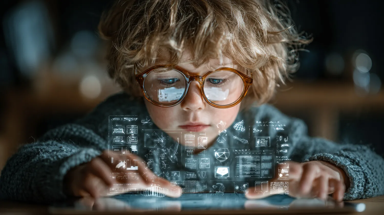 Child using a tablet with digital interface icons, representing digital citizenship education