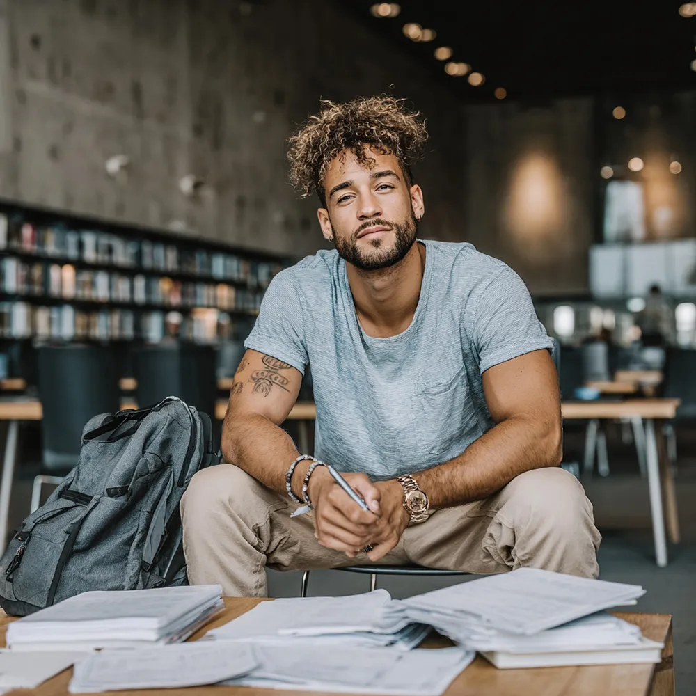 College student studying in library