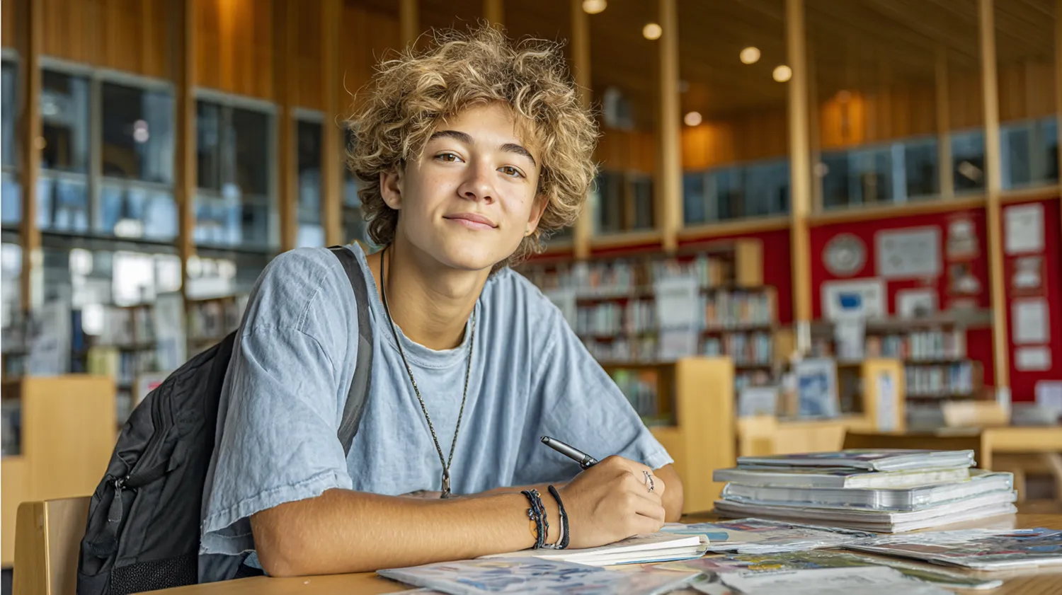 High school student studying in a library, preparing for standardized tests